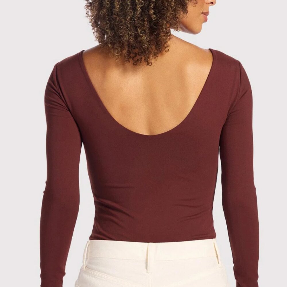 NWOT Nuuds Open Back Bodysuit Medium Black Cherry Slimming Bodycon Holiday Top